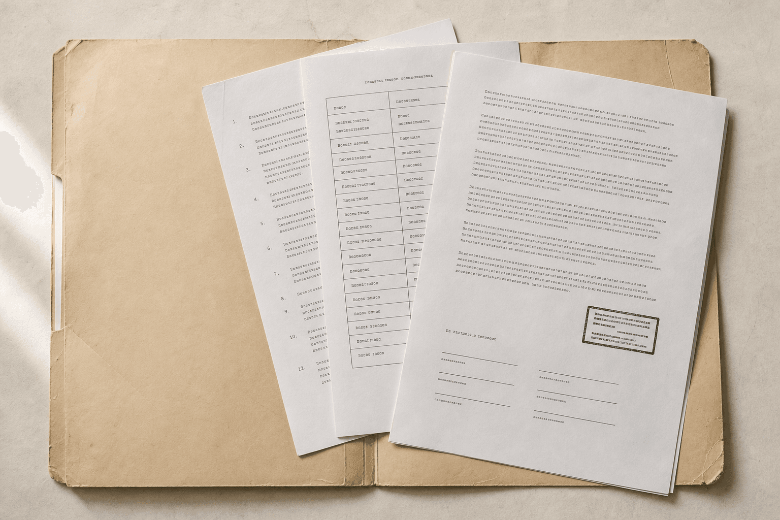 A manila folder holding a fanned set of printed documents: a typeset page with a signature block and a green stamp impression, a table of vendor names, and a numbered clause list.